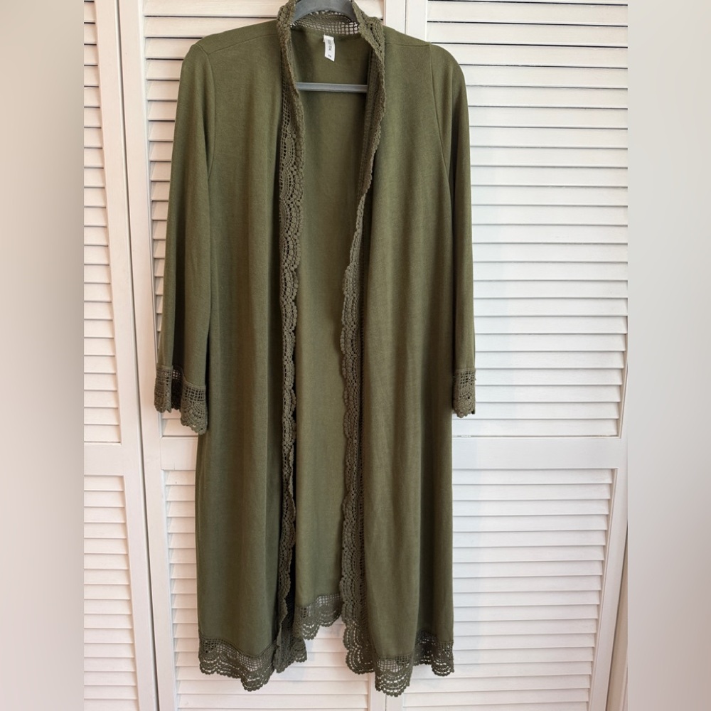Tickled Teal Olive Green Lace-Trim Cardigan Sweater